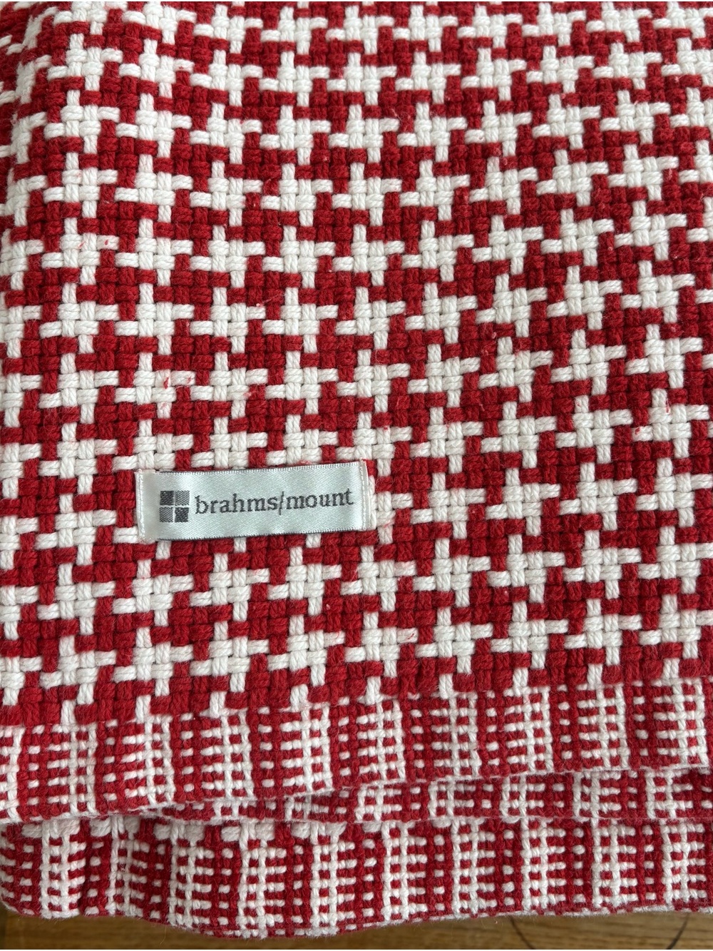Vtg Brahms Mount 94” x 94” Blanket Houndstooth Red White Heirloom Americana